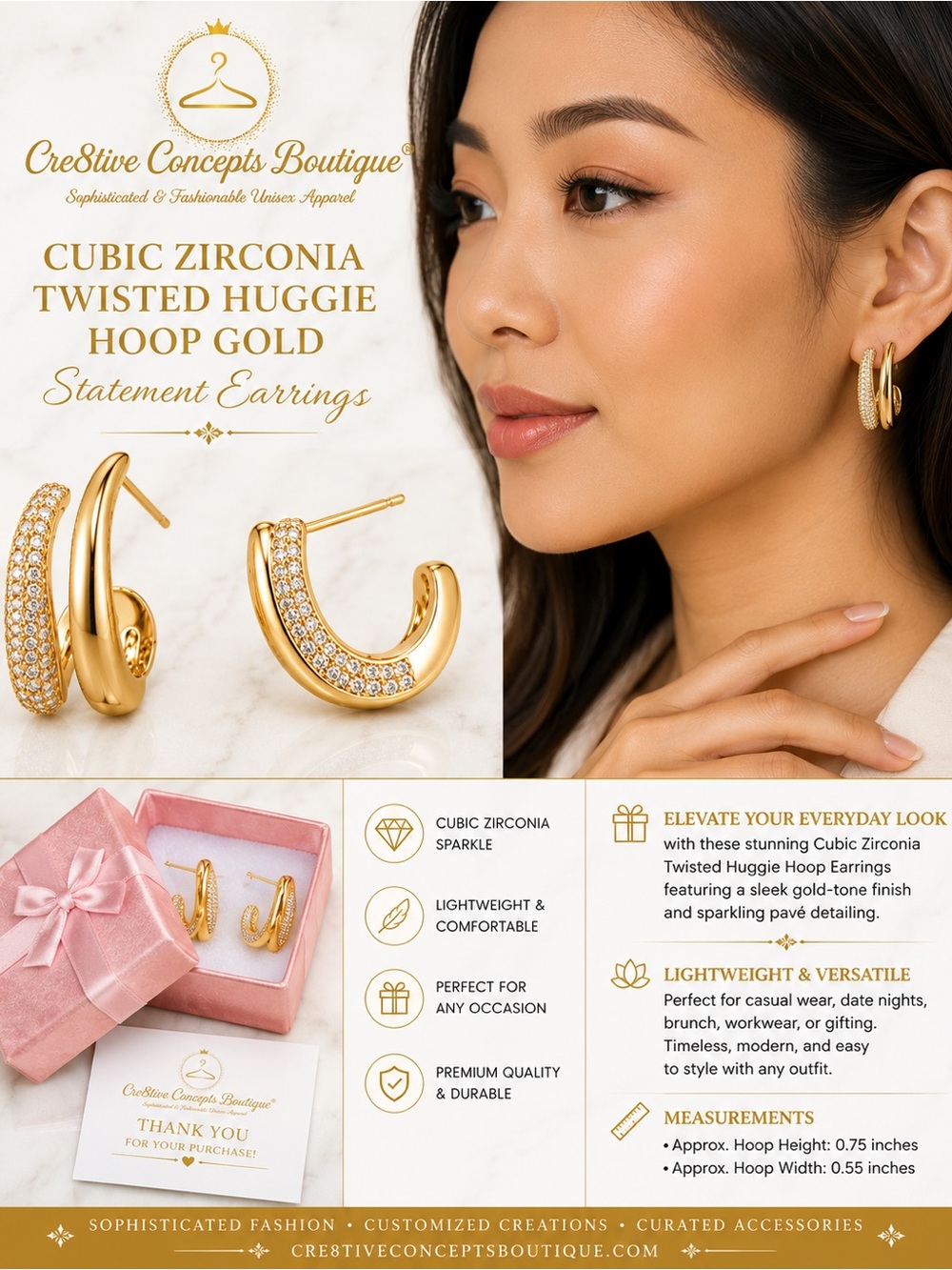 Cubic Zirconia Twisted Huggie Hoop Gold Statement Earrings